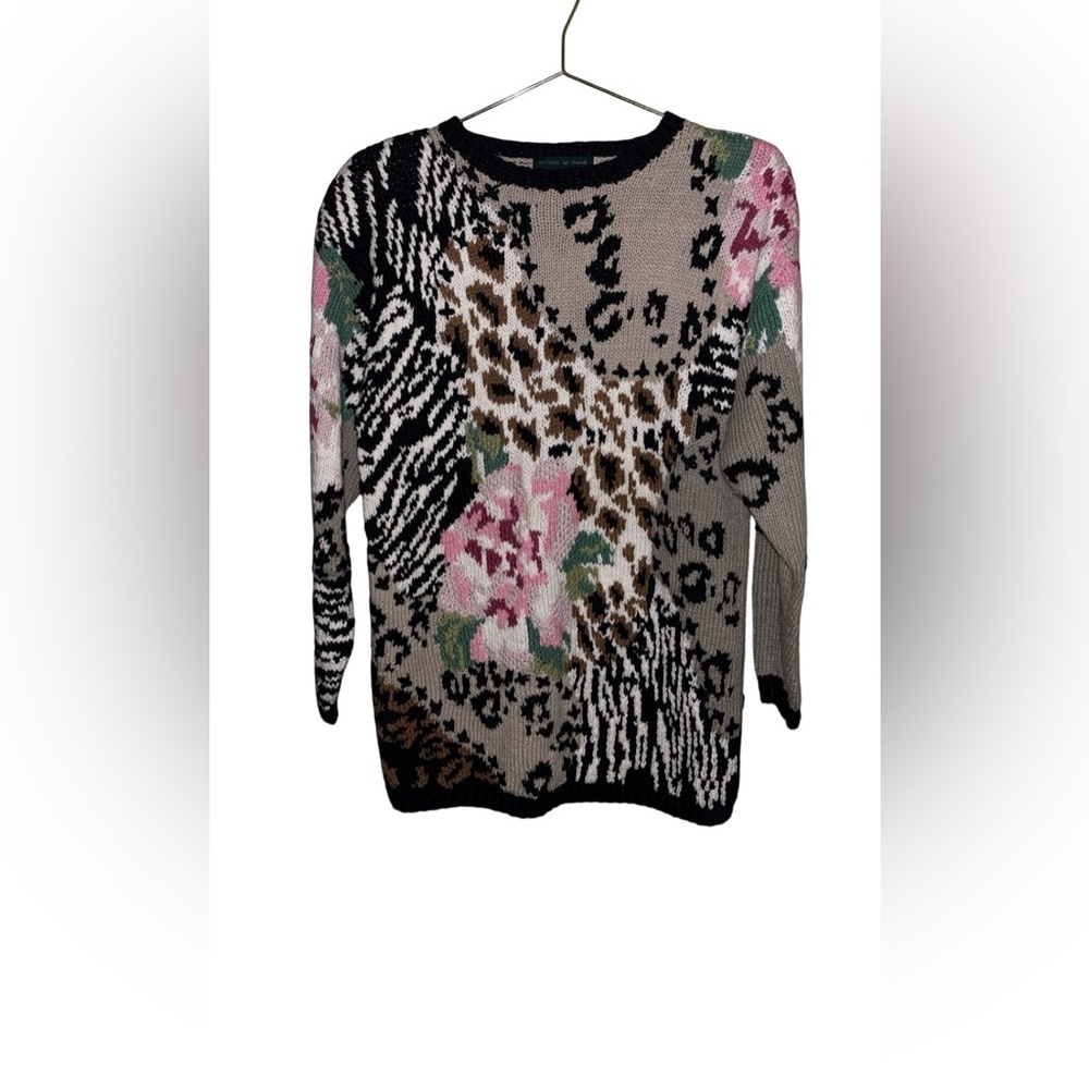 Vintage 80s Cullinane Handknitted Sweater Chunky  Animal Print/Floral Size M